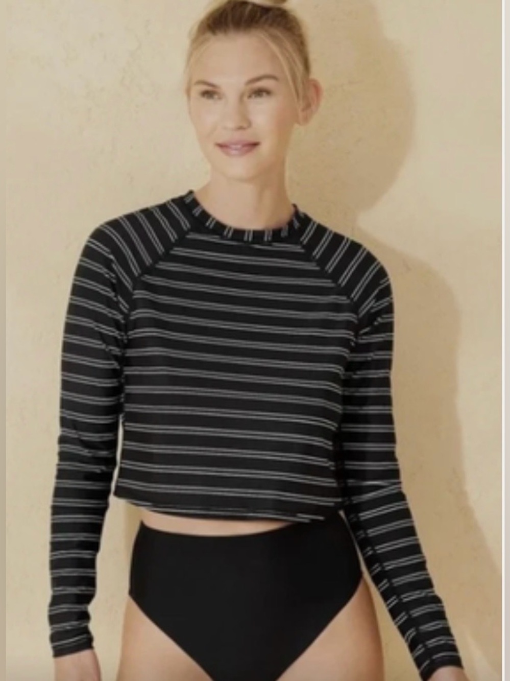 Shade and Shore Striped Black Long-Sleeve Crop Swim Top/ rash guard